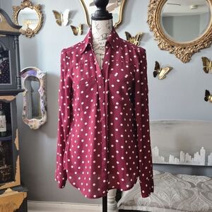 Express Sheer Burgundy Polka Dot Button-Down Blouse S/P